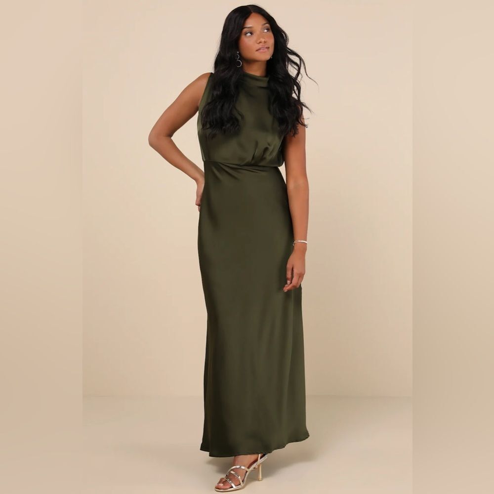 Lulus Classic Elegance Olive Satin Sleeveless Mock Neck Maxi Dress - Picture 2 of 16